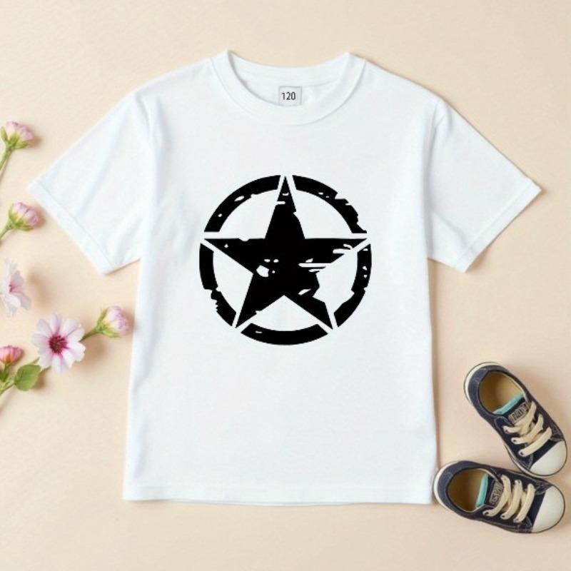 Kids Five-Pointed Star Print Crewneck Breathable Summer Short Sleeve Tee