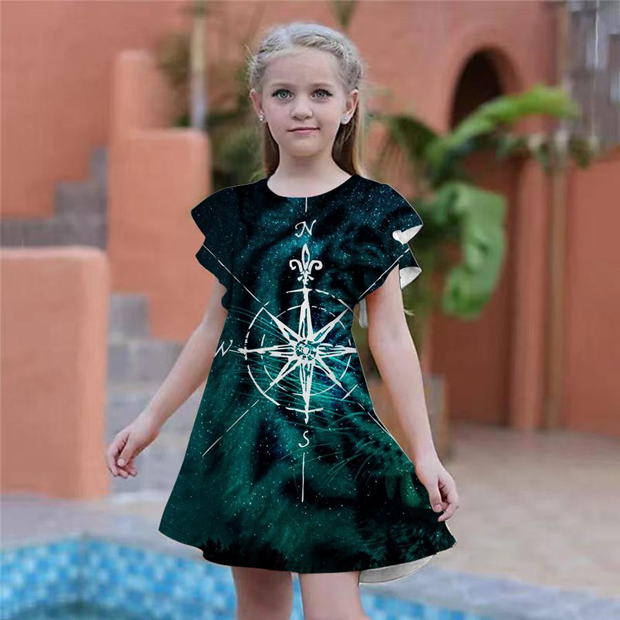 Robes Bleues à Imprimé Pentagramme pour Filles Robe de Fête pour Enfants Fille Coupe Ample Coupe Ample Manches Courtes Jupe pour Filles de Plus de Quatre Ans