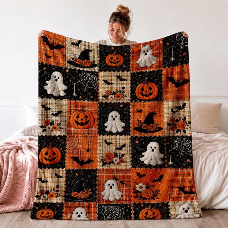Halloween Patchwork Throw Blanket, Ghost Pumpkin Bat Witch Hat Print Plush Blanket for Home Holiday Decor