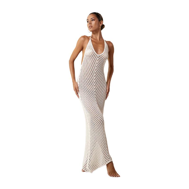 26 New European and American Express Hollow Long Blouse Women's Sexy Neck Halter Perspective Knitted Dress Women