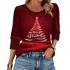 Women's Fashion Casual 3/4 Christmas Print Color Shirt Women's Round Neck Tops