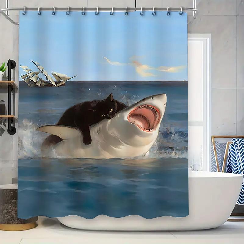 Cat Riding Shark Waterproof Shower Curtain Heat Resistant Machine Washable Non-Transparent 180X180Cm