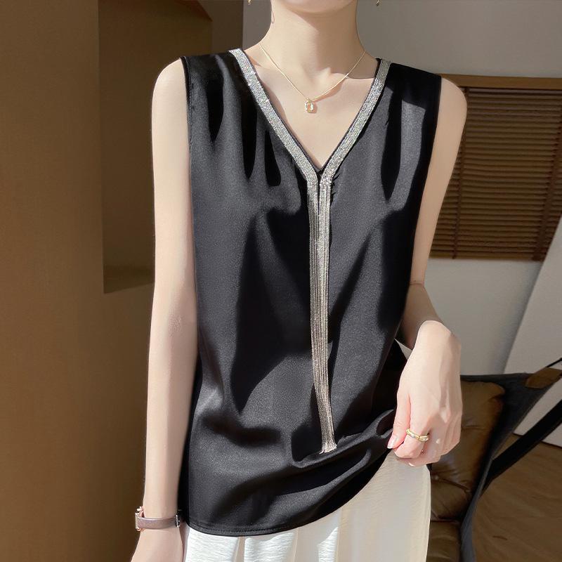 

Женский летний топ-жилет из ледяного шелка с V-образным вырезом без рукавов с кисточками 2025 L чёрный