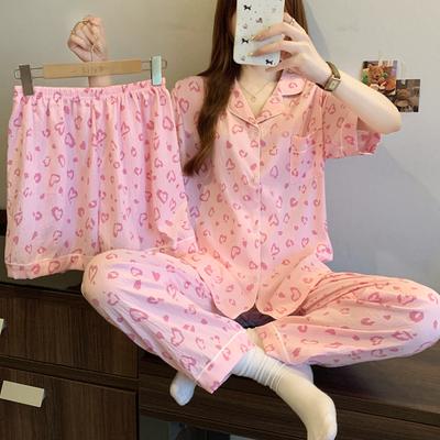 Korean Cloud Cotton Pajamas Women'S Summer Pink Love Leopard Print Short-Sleeved Loungewear Three-Piece Set