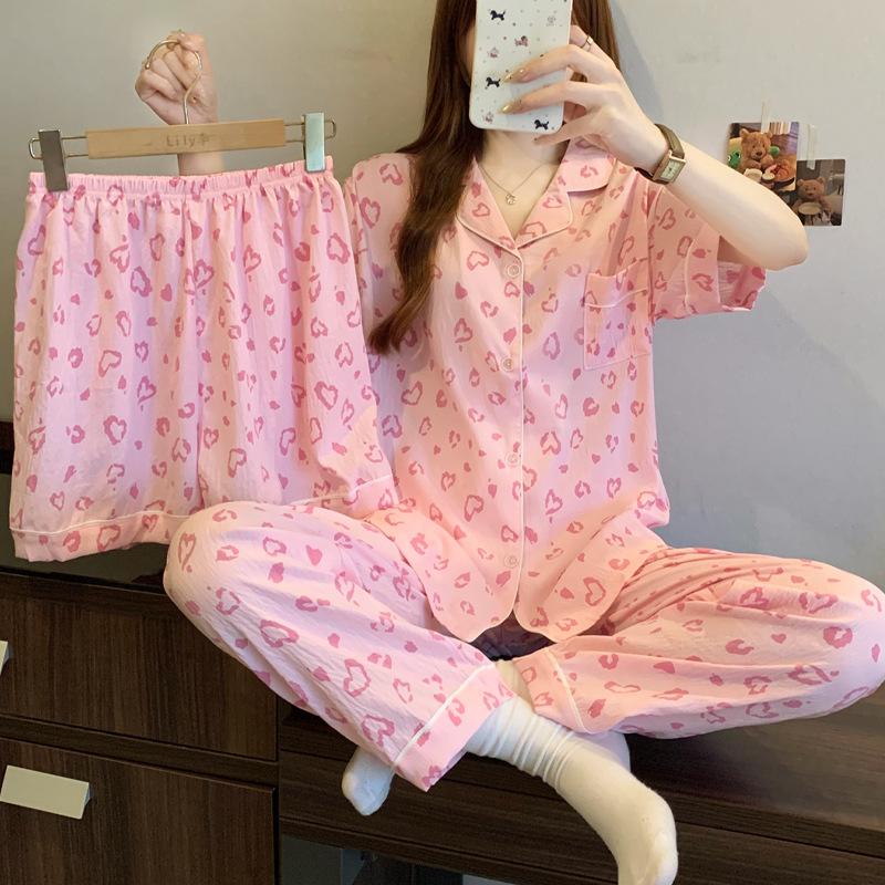 Korean Cloud Cotton Pajamas Women'S Summer Pink Love Leopard Print Short-Sleeved Loungewear Three-Piece Set