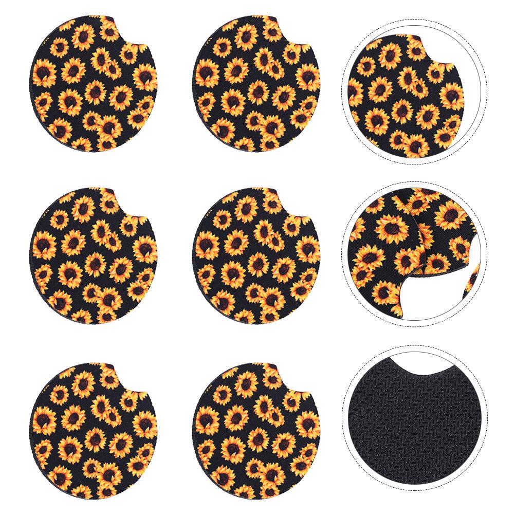 6Pcs Car Cup Mat Anti-Skid Sunflower Pattern Coaster Waterproof Drink Pad Heat-Resistant Stylish Car Interior Organizer