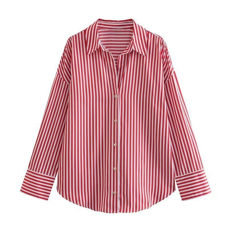 Women's Lapel Long Sleeve Loose Fit Striped Shirt Single Breasted Casual Oversized Blouse Top