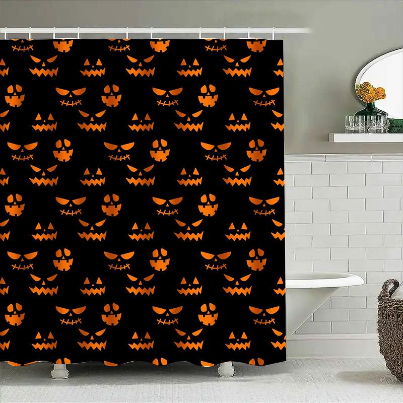 Halloween-Themed Waterproof Shower Curtain Featuring Spooky Jack-O'-Lanterns On Black Background Perfect For Creating A Festive