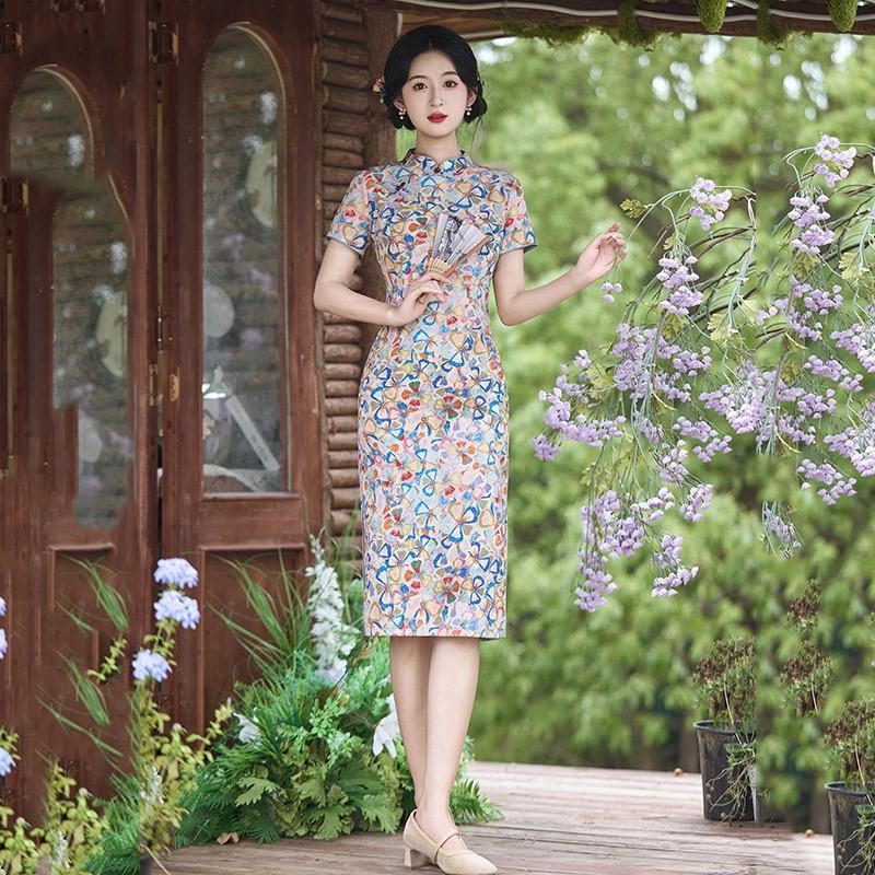 Womens Modern Cheongsam Dress Vintage Style Mid-Length Slim Fit Ice Silk Linen Blend 3D Print Stand Collar