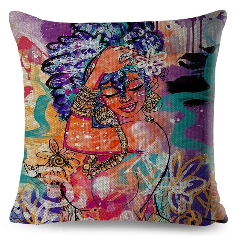 African Women Cushion Cover Decor Colorful Cartoon Lady Dream  Pillowcase Polyester Pillow Case for Bedroom Sofa Home