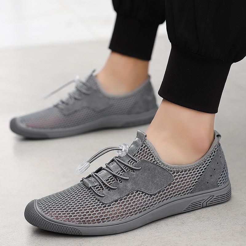 

Men s shoes 2025 summer new youth cut-out breathable mesh shoes low-top Korean fashion lace-free casual shoes 44 серый