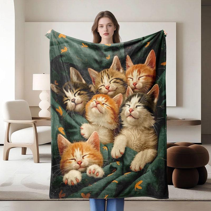 1 Piece, Cat-themed Green Flannel Blanket, Soft, Suitable for Sofa, Bed, Office, All-season Use.