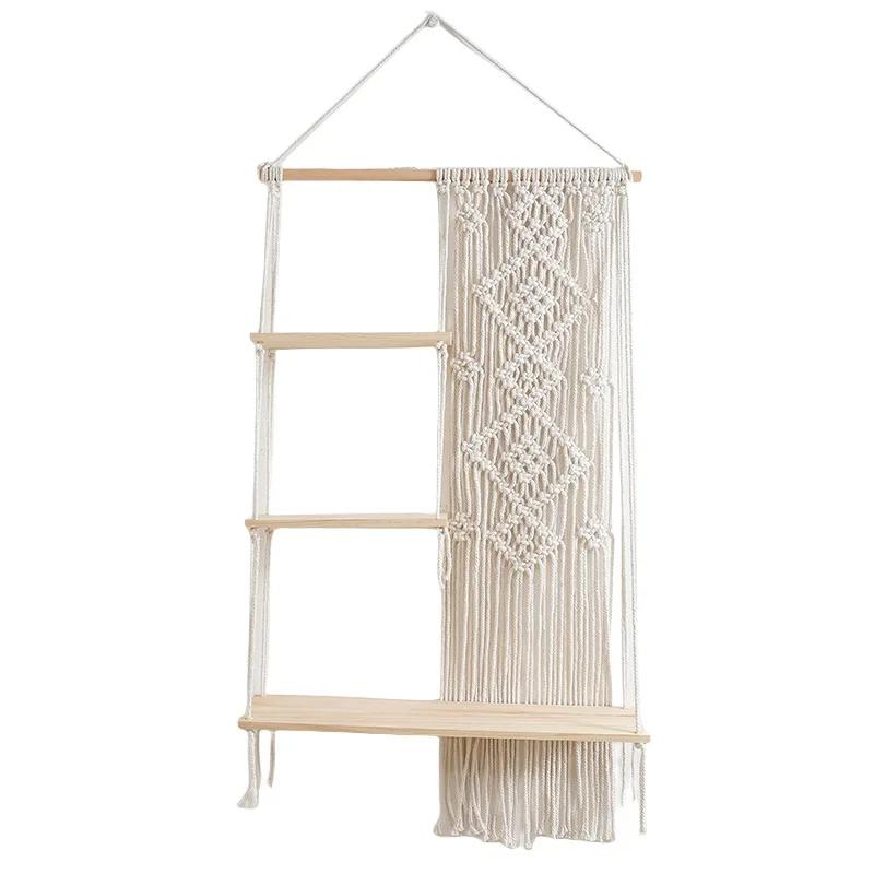 Boho Macrame Wall Hanging Shelf 3 Tier Handmade Weven Wood Organizer Półki Ścienne Pływający Wieszak Na Rośliny Do Wystroju Domu