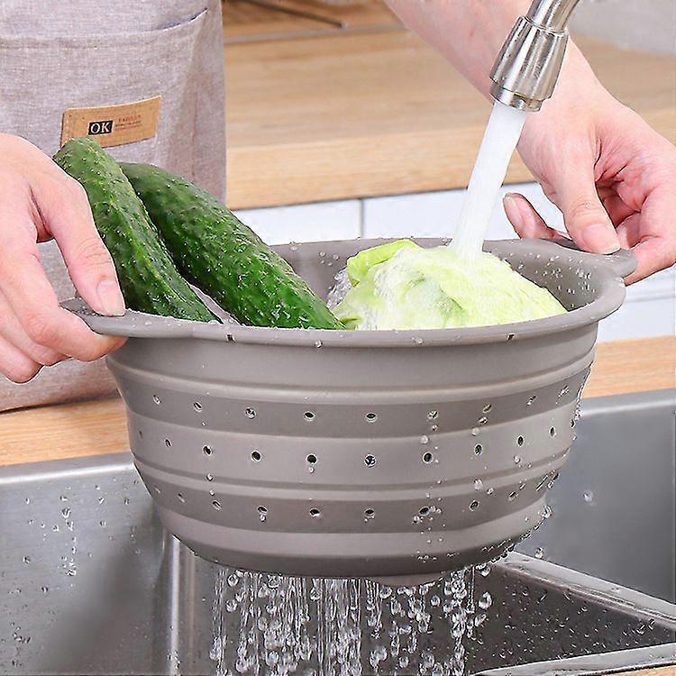 Multi-Purpose High Temperature Resistant Kitchen & Outdoor Fruit Basket Vegetable Portable Folding Silicone Drainer Basket (Medium, Gray)