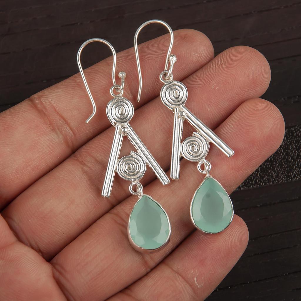 Aqua Chalcedony Silver Gemstone Jewelry, 925 Sterling Silver Earrings, Handmade Everyday Jewelry For Women