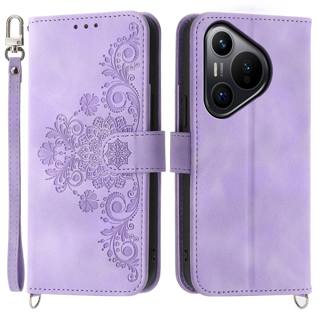 For Huawei Pura 70 Case Wallet Flower Pattern PU Leather Phone Cover with Crossbody Strap