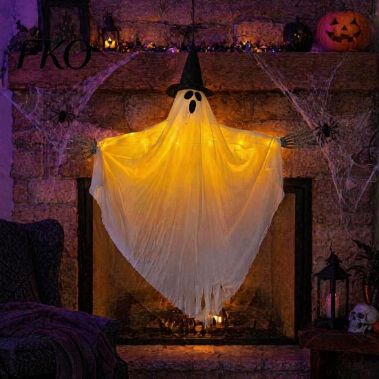 Halloween Party Backdrop Hanging Ghost with Witch Hat, Light Up Spooky Glowing Decoration Outdoor Decor for Porch Tree, Haunted House Scene