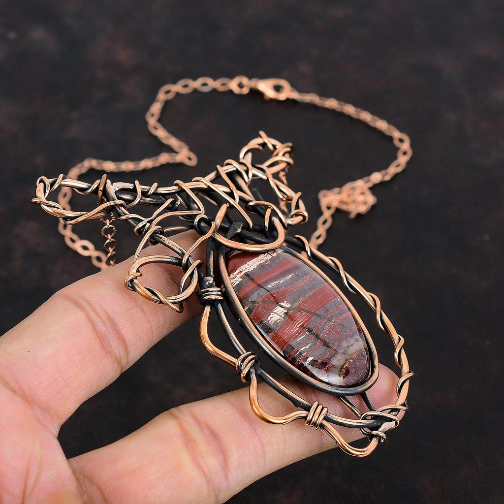 Red Snakeskin Jasper Necklace Copper Wire Wrapped Handmade Necklace Adjustable Chain Necklace Gemstone Copper Wire Jewelry Anniversary Gifts