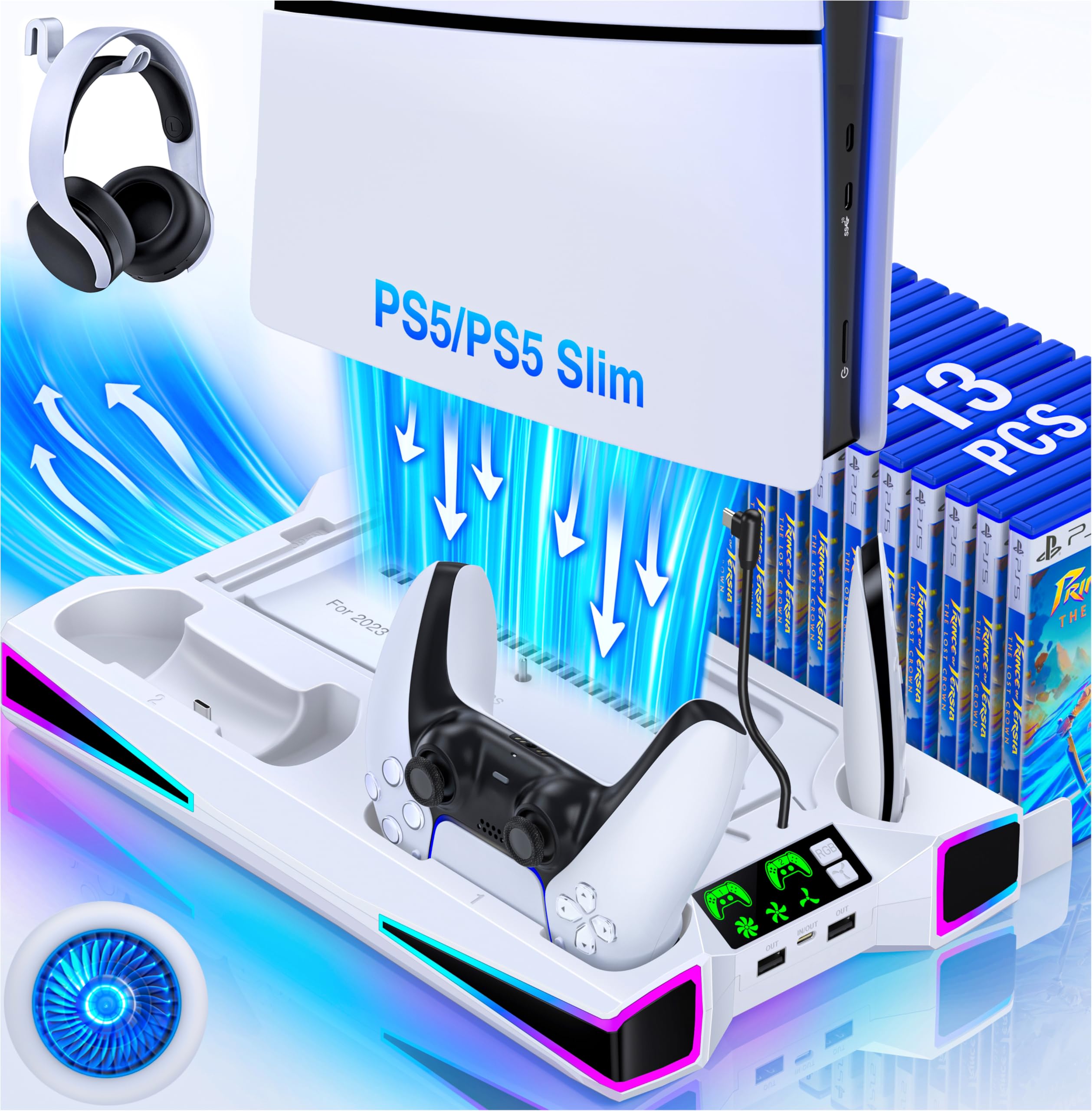 

PS5 Vertical Stand with RGB Cooling Controller Charging Station PS5 Accessories with Headset and Three Charging Ports Silm/PS5 3-Stage Fan,