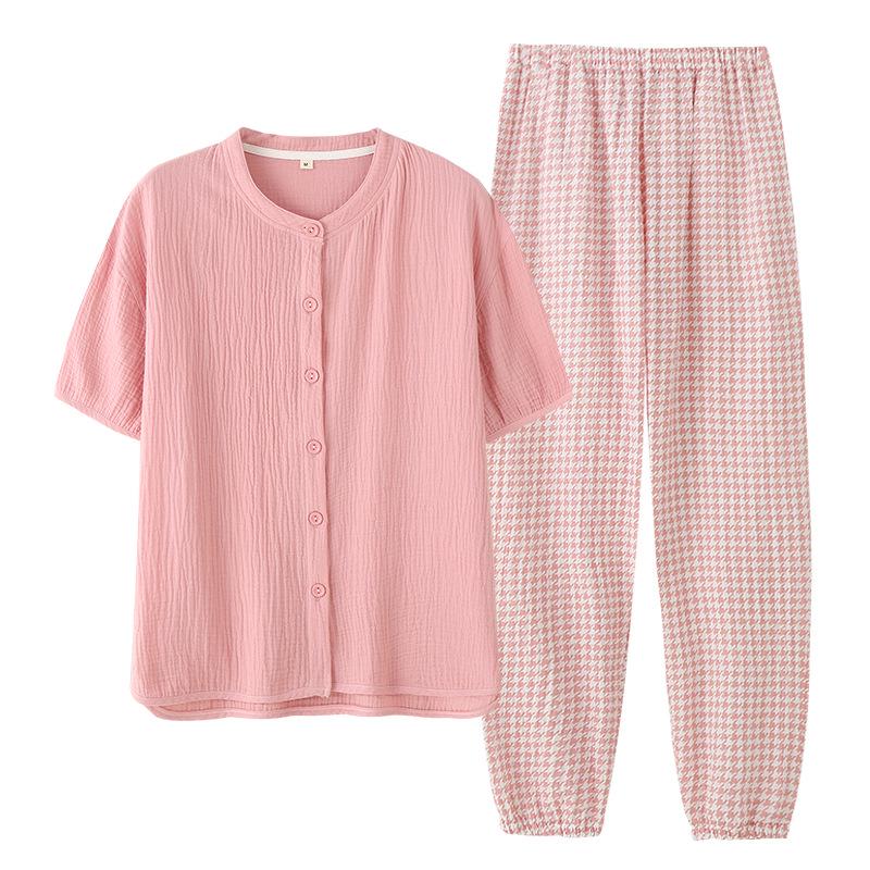 Women's Summer Plaid Cotton Gauze Pajama Set with Short Sleeves and Loose Fit Pants