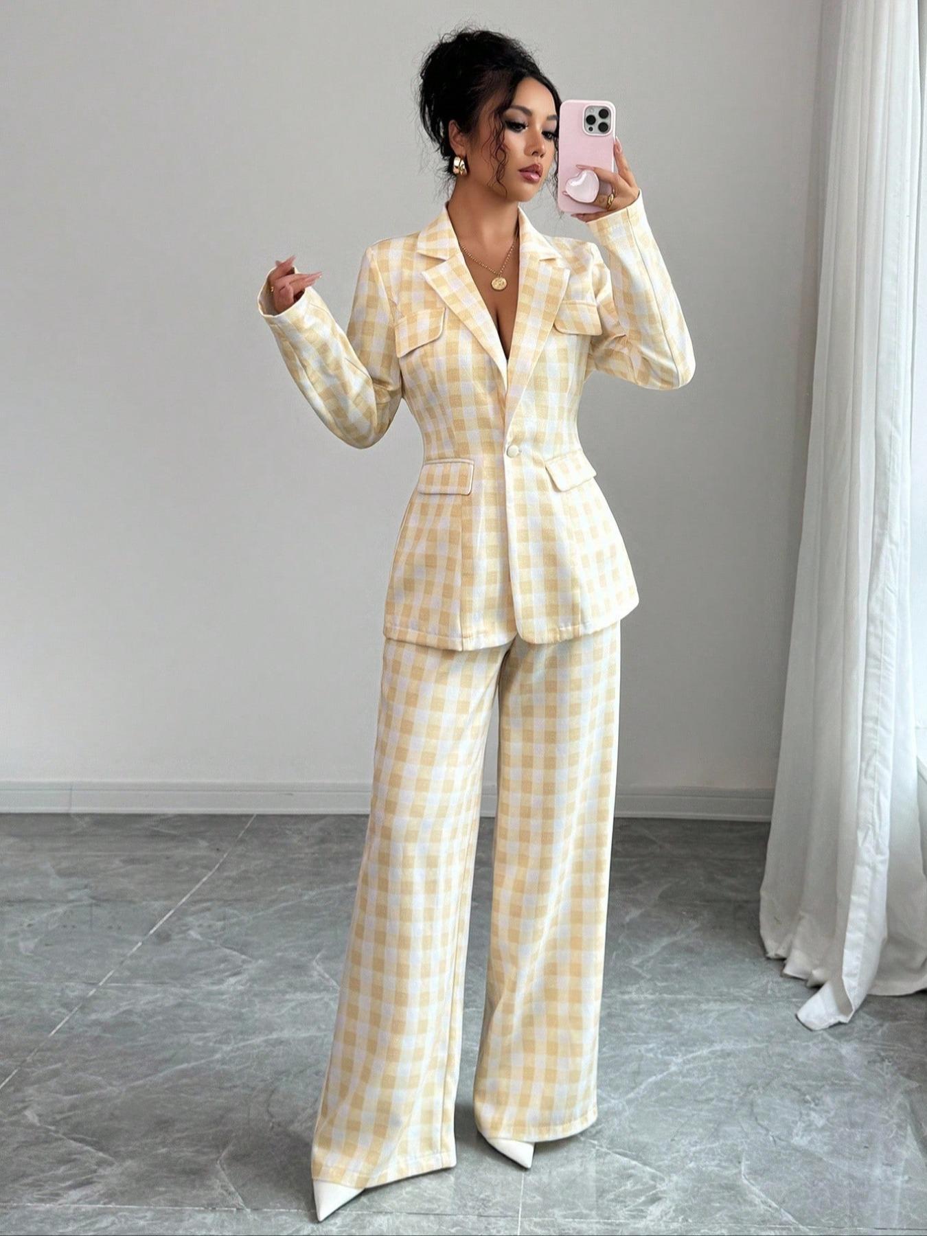 Женская ретро клетчатая хлопково-льняная куртка - Универсальный повседневный короткий костюм на осень 2025 L жёлтый