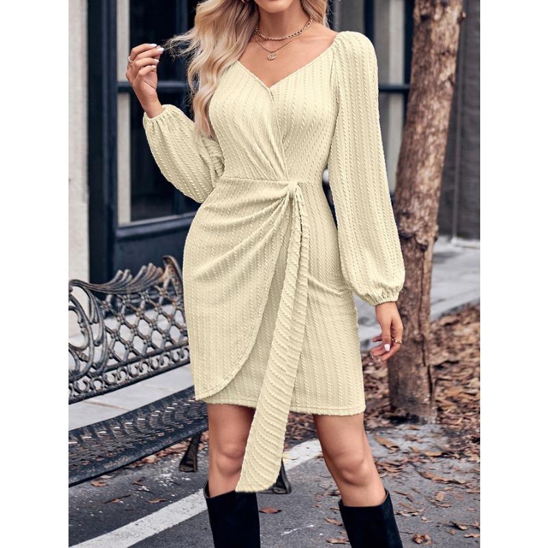 Jarní a podzimní dámské šaty Trendy jednobarevné tenké dámské šaty s výstřihem do V se zavazováním do pasu