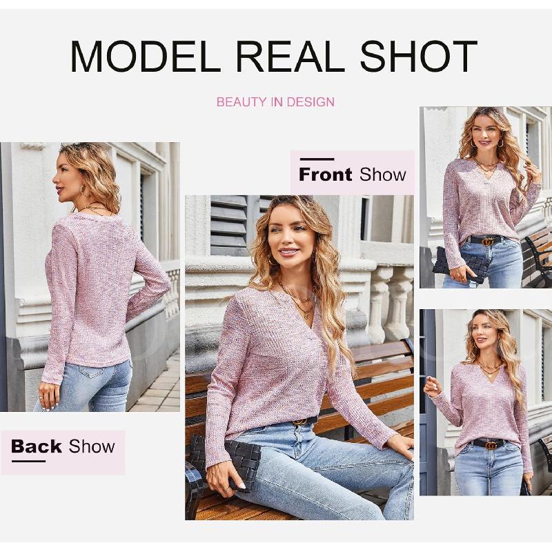 New Spring and Autumn Women's V-neck Pullover Long Sleeve T-shirt, Fashionable and Versatile Top