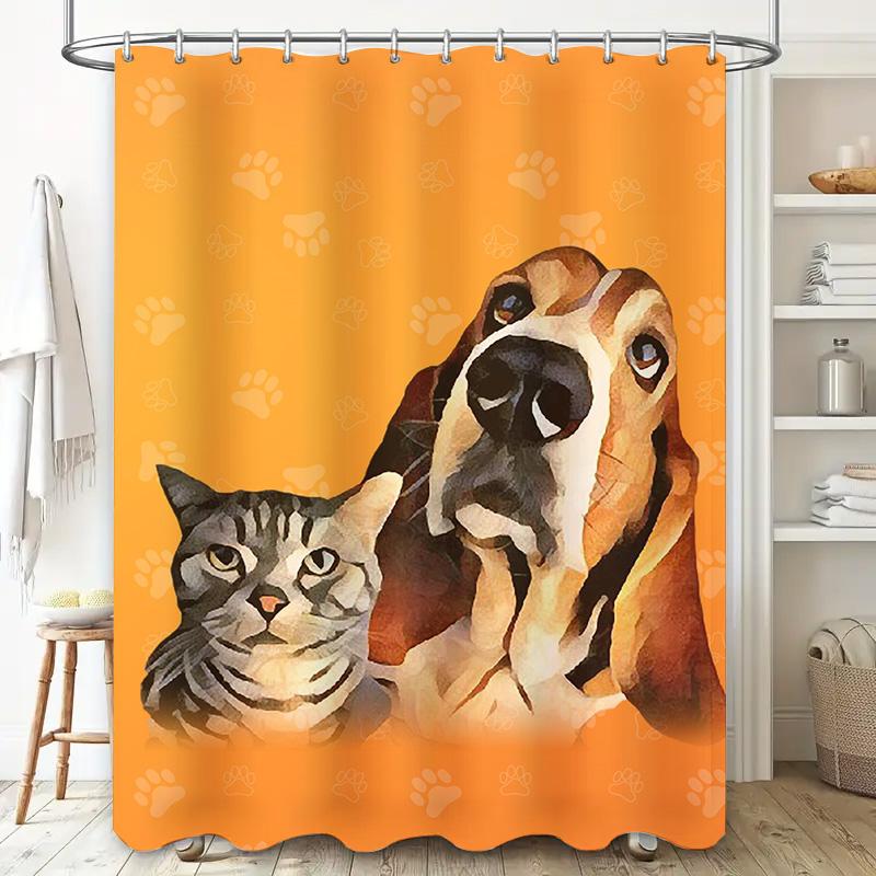 Artistic Pet Shower Curtain Dog Cat Print Bath Decor for Home Bathroom Orange Paw Pattern Waterproof Fabric Size 72x84 Inches (1