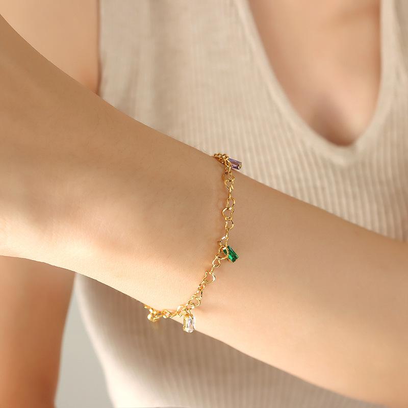 Korean Style Campus Bracelet with Multi-color Zirconia Pendant - Trendy Gold-Plated Titanium Steel Jewelry