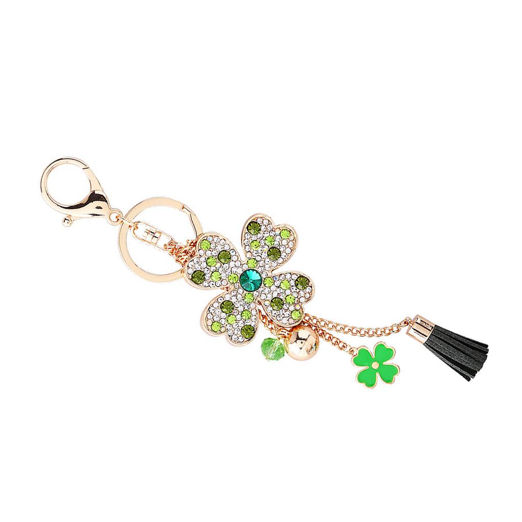 Lucky Four Leaves Clover Crystal Keychains Car Keyring Women Tassel Bag Buckle Pendant(Green)