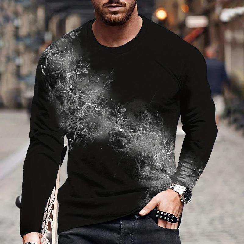 Fall 3D Flame Printing Men's Round Neck Long Sleeve Pullover Fashion Loose T Shirt Retro Street Long Sleeve Round Neck T Shirt