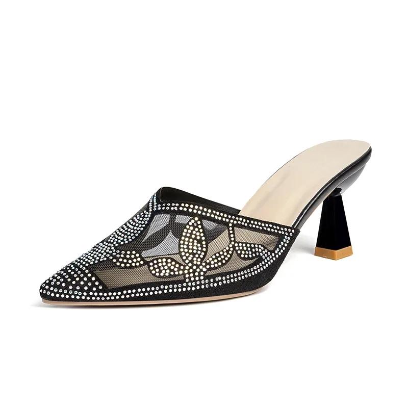 Fashion Summer Concise Women Mules Shoes High Heels Woman Slippers Wedding Sandals Women Shoes Fashion Rhinestone Mesh Lace Flip Flops