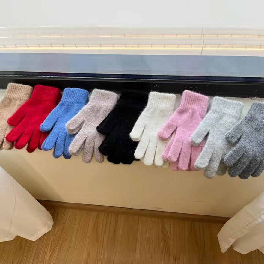 Solid color knitted gloves for women's winter windproof cycling, warm and cold-proof hand protection, five-finger finger student riding gloves, Korea