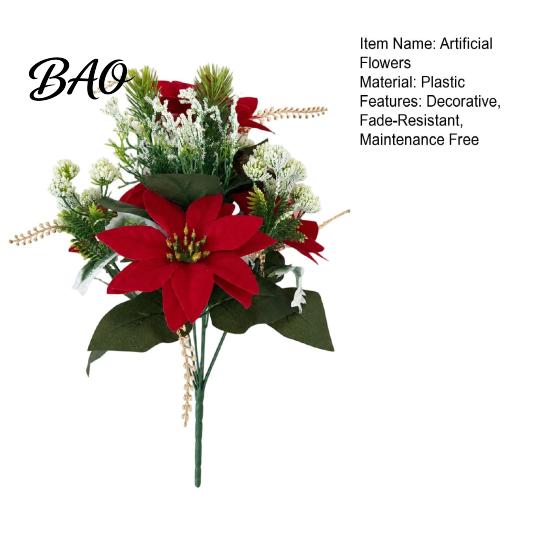 Vibrant Lush Fake Plant Decor 5/7/10/12 Heads Artificial Poinsettia Flowers, Christmas Floral Berry Centerpiece, Outdoor UV Resistant Greenery