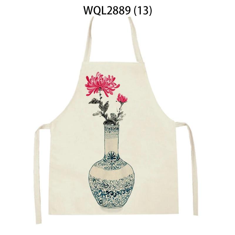 Adult Kids Flower Pattern Cleaning Kitchen Aprons Home Cooking Baking Linen Waist Bibs Vase Flower Art Antifouling Pinafore