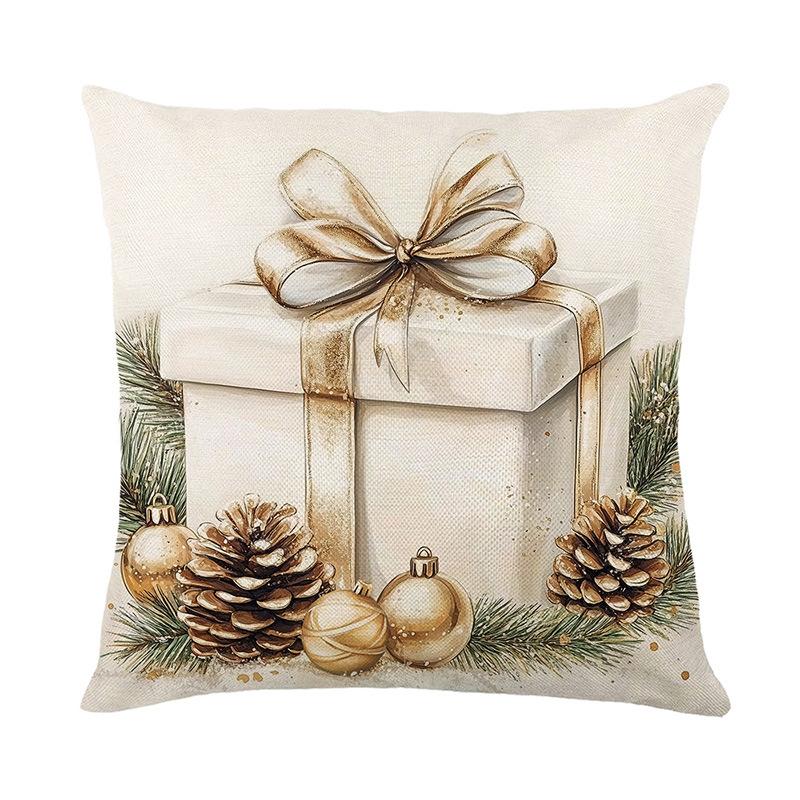 1pc Golden Christmas Cushion Cover Gift Box Fireplace Print Cover 2025 New for Home Ornament Xmas New Year Christmas Decoration