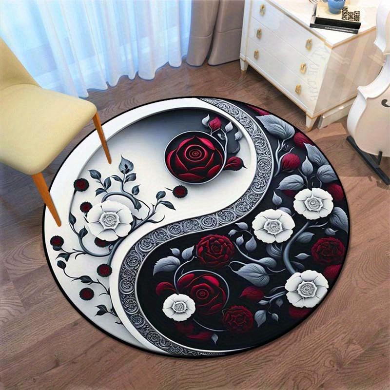 1pc Yin Yang Floral Tai Chi Rug - Machine Washable, Black and White with Red Roses, Round Mat for Living Room or Bedroom