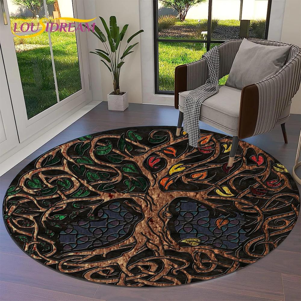 Tree of Life Viking Yggdrasil Valknut Round Carpet Rug for Living Room Bedroom Sofa Decor,Kid Paly Area Rug Non-slip Floor Mat
