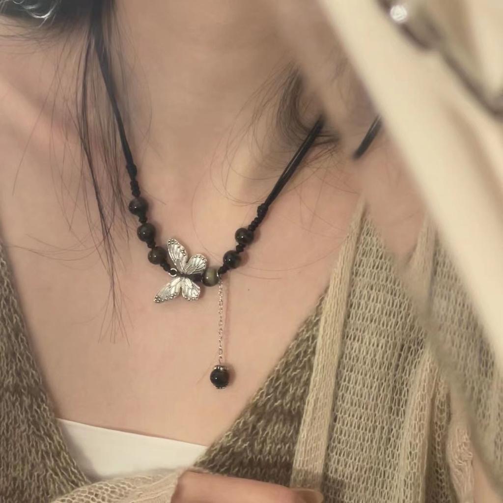 Medieval Retro Butterfly Necklace Female New Chinese Handmade Ceramic Butterfly Collarbone Chain Guochao Drawstring Neck Chain
