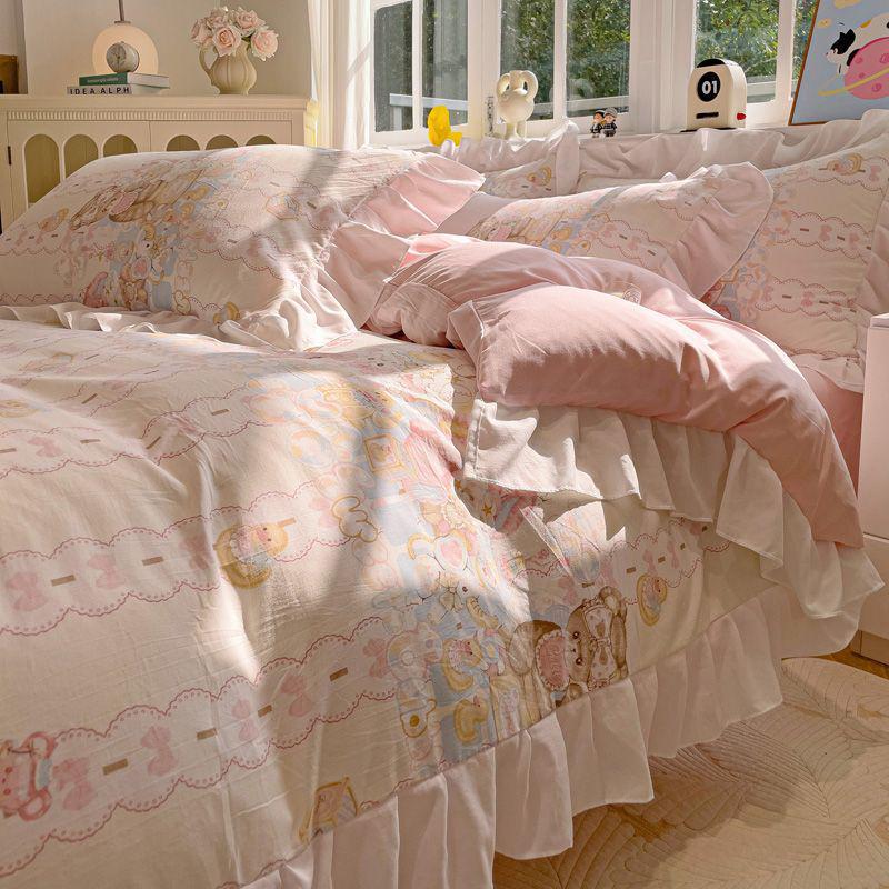 G5Z Princess Mingsha Lolita Lace Washed Cotton Bedding Set - Duvet Cover, Bed Sheet, Cute Girl Dormitory Style (4-Piece)