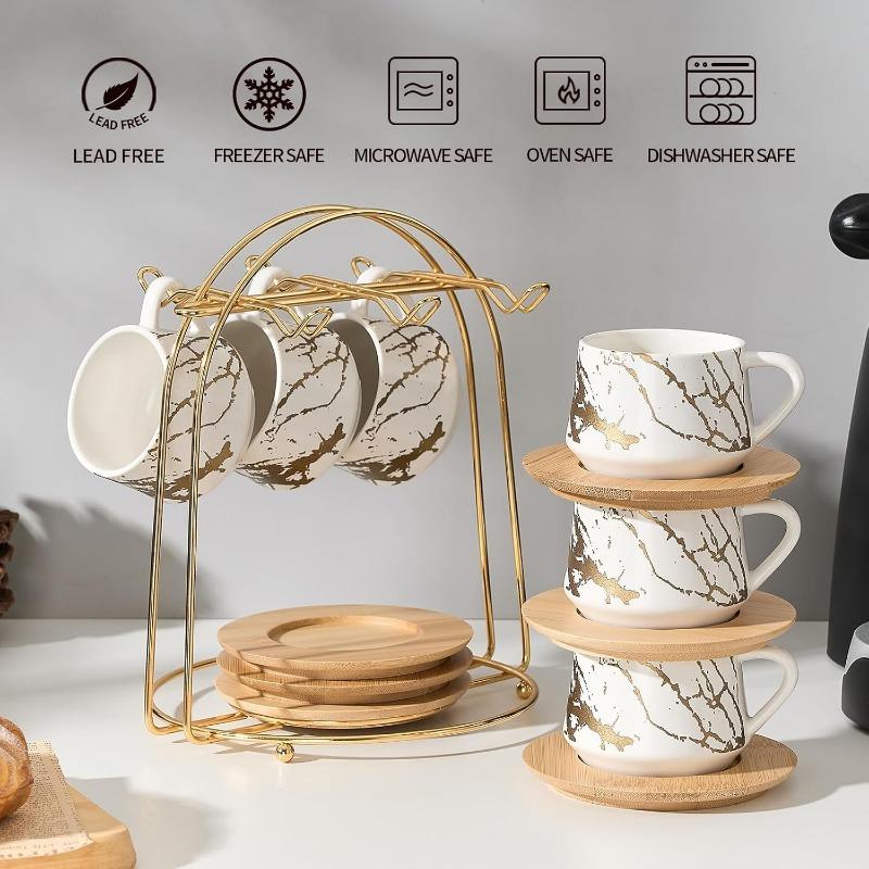 Ceramic Espresso Cups with Saucers and Metal Stand, Small 4 oz Porcelain Demitasse Cups Set of 6, Cute Cappuccino Coffee
