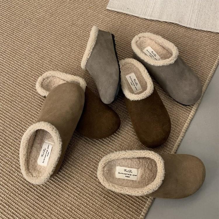 Soft leather version~ platform-soled Boken shoes slippers women's shoes wear 2024 autumn and winter plush half-toboken single shoes