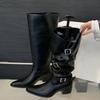 New Winter Black Punk Round Toe Knee-High Women Boots Square Heels Buckle Strap Ladies Booties Shoes