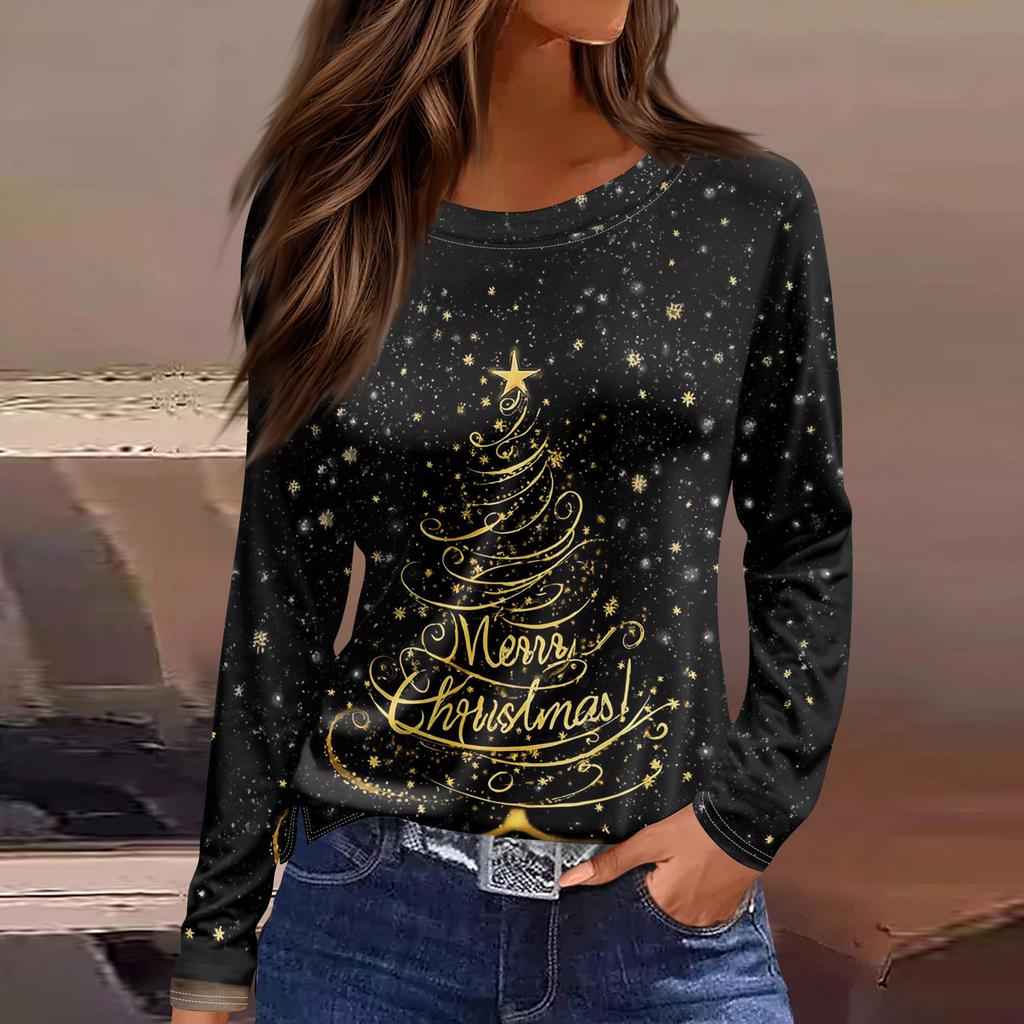 Women's Fashion Hem Slit Casual Christmas Printed Round Neck Long Sleeve Top