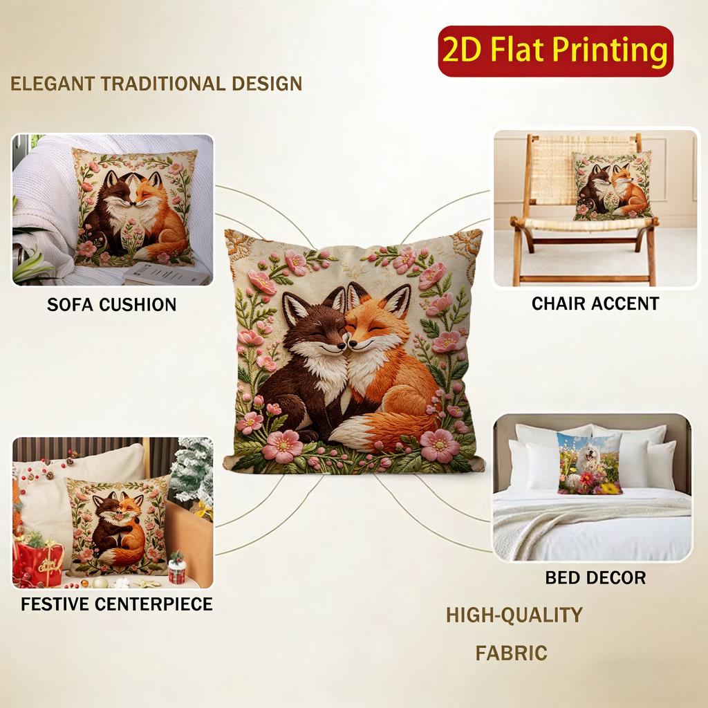 Romantic Floral Fox Couple Throw Pillow Covers Pattern Cushion Cover Suitable for Sofa Bedroom Car Pillow Cover
