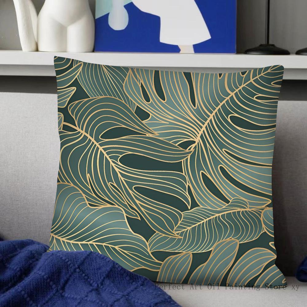 Grüne Blätter mit goldenen Rändern Kissenbezug Mode Quadratischer Kissenbezug Schlafzimmer Sofa Zimmer Innendekoration Freizeit Kissenbezug 40x40