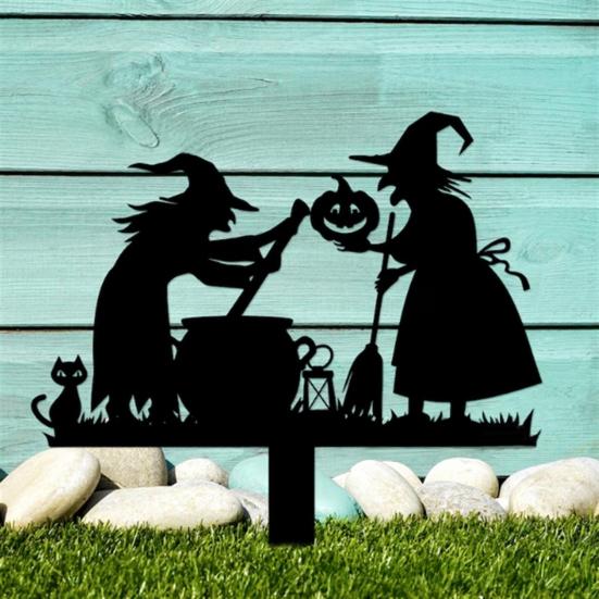 Halloween Garden Stake Metal Art Flying Witch Sign Skeleton Zombie
