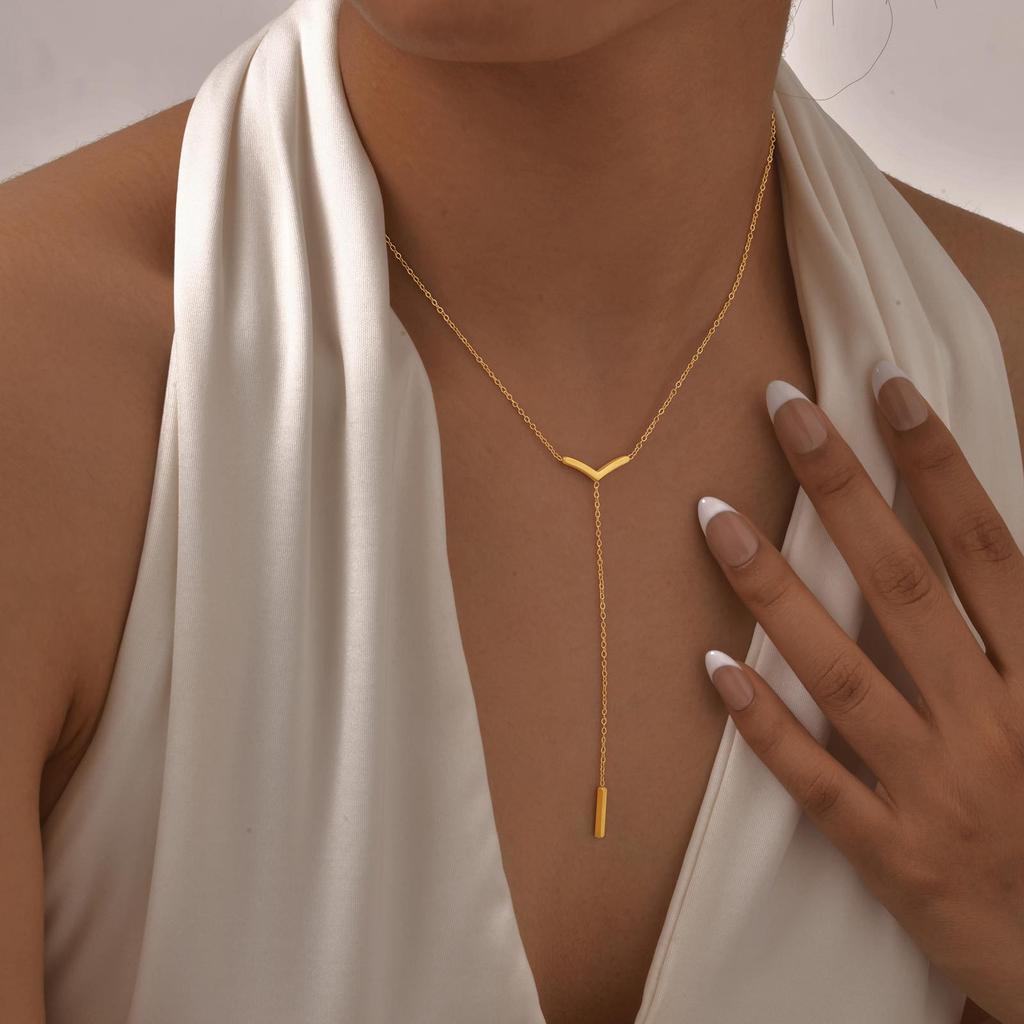 Jewelry, Stainless Steel Flat Cross Chain Y Necklace Collarbone Chain 18K Gold Plated Nc-2033