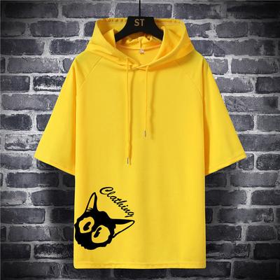 Camiseta Masculina de Verão com Capuz e Manga Curta Solta Tamanho Grande Moletom com Capuz Top de Manga Cinco Pontos