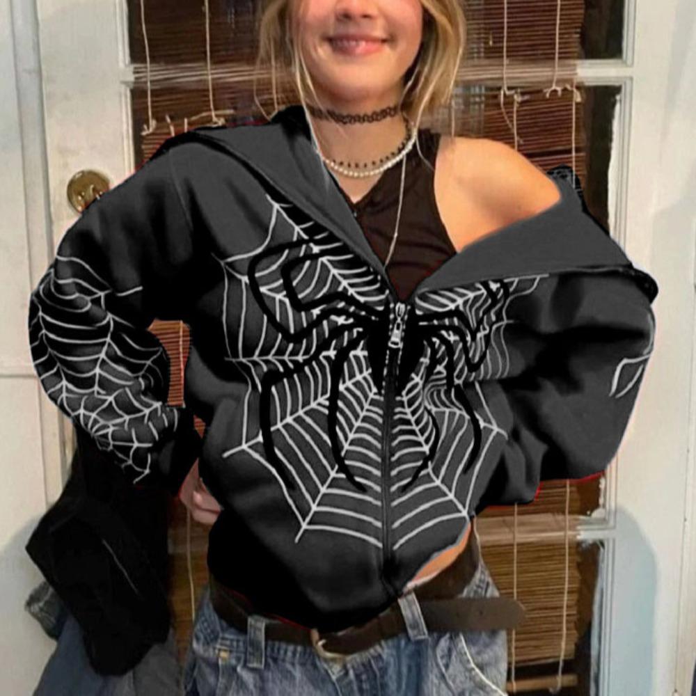 Spring and Summer Spider Web Zipper Hoodie for Women, Casual and Fashionable Women's Hoodie
